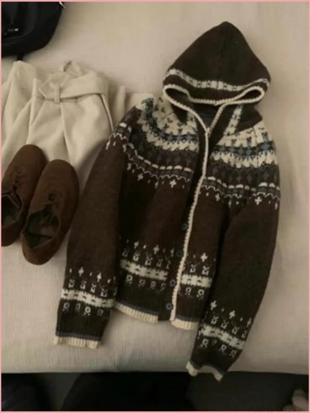 Color Block Knit Cardigan Sweater with Hood Snowflake Fair Isle Long Sleeve - Picture 7 of 7